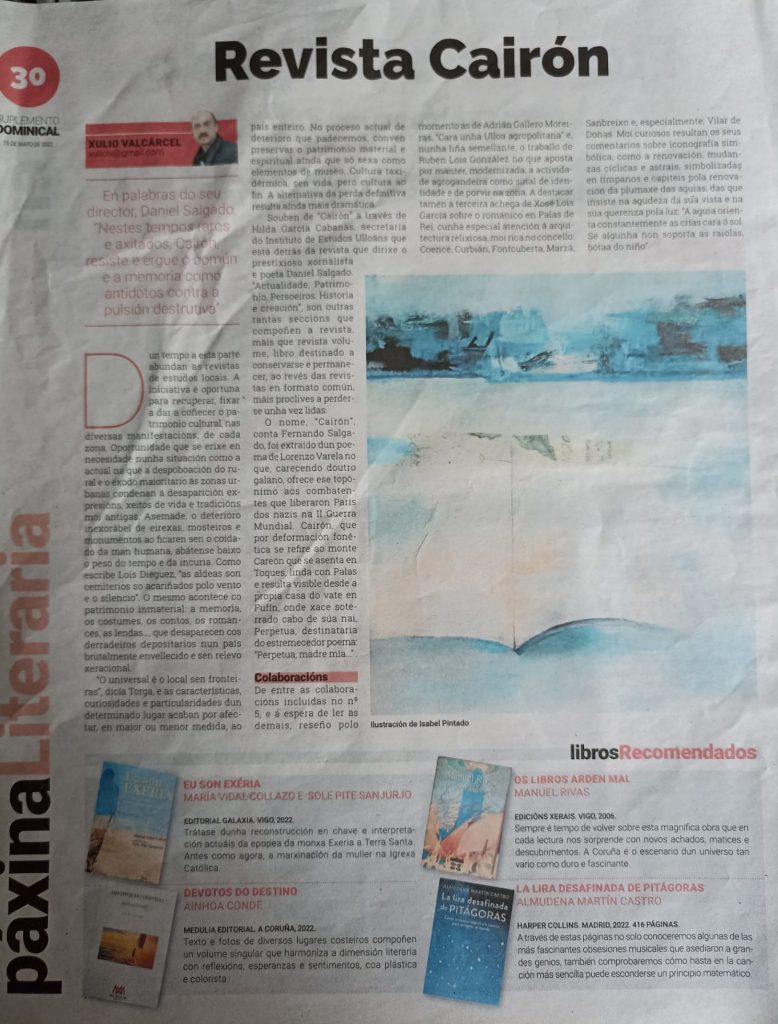 Revista Cairón, Xulio Valcárcel, Páxina literaria, Suplemento Dominical, El Ideal Gallego, 15 maio 2022