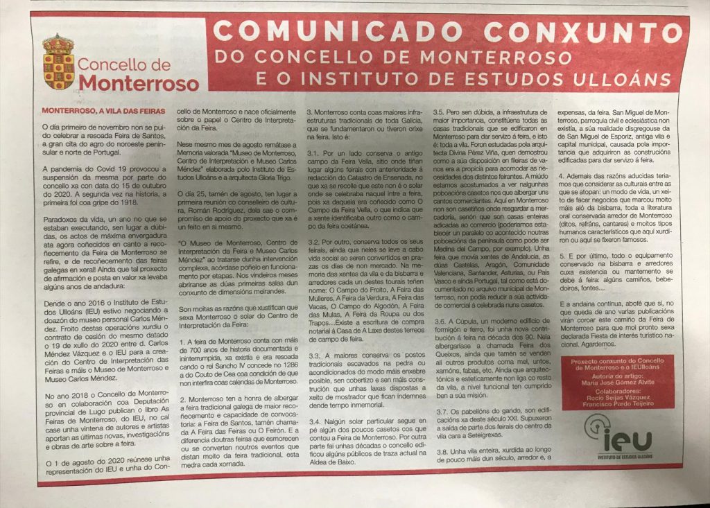 Comunicado Concello de Monterroso e Instituto de Estudos Ulloáns, María José Gómez Alvite, La Voz de Galicia 22-11-2021