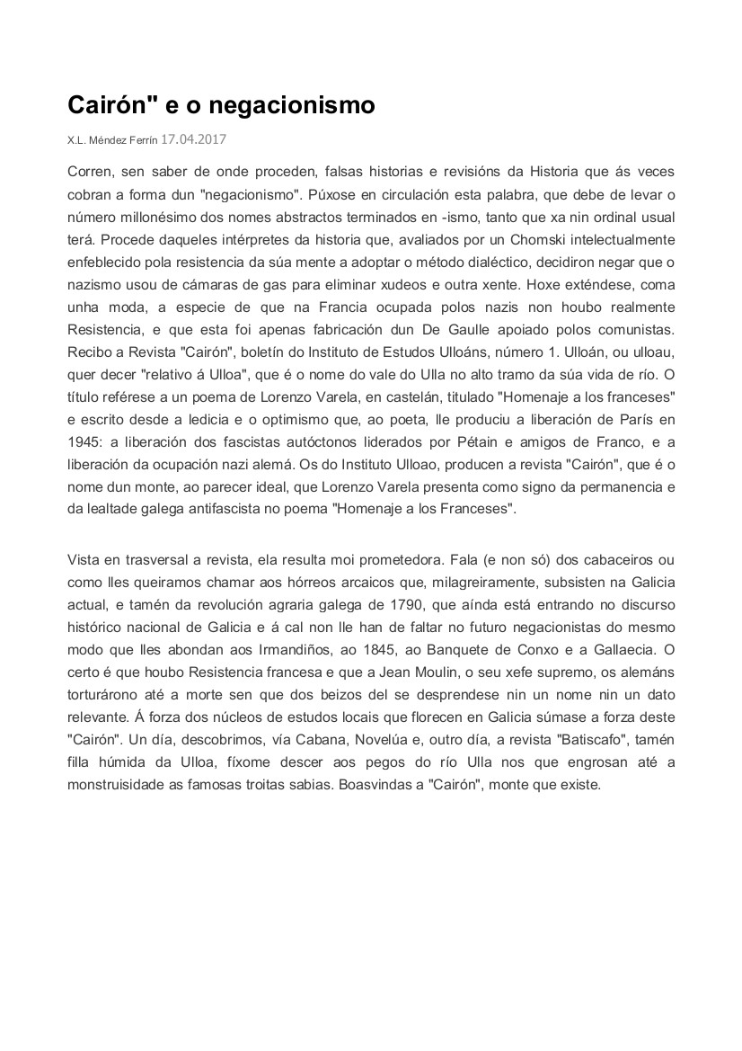Cairón e o negacionismo. Mendez Ferrin , Faro de Vigo, 17-4-2017
