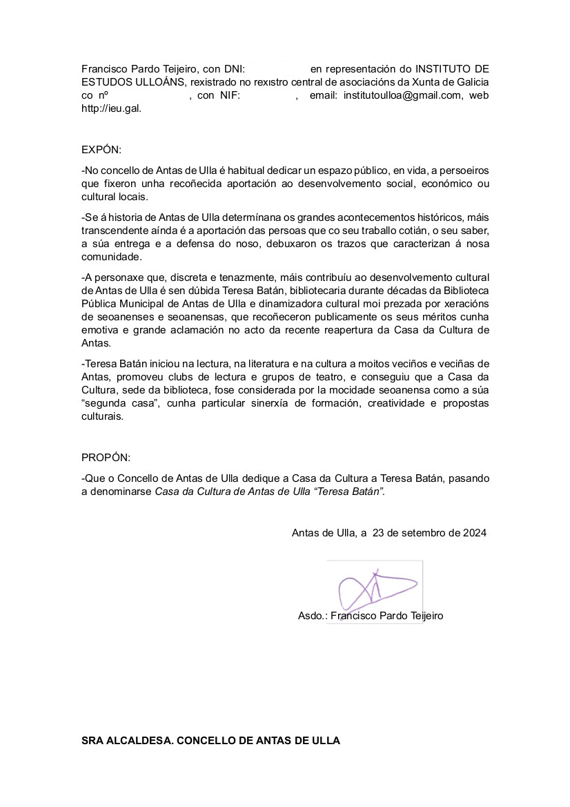 Proposta dedicación Casa de Cultura de Antas de Ulla a Teresa Batán